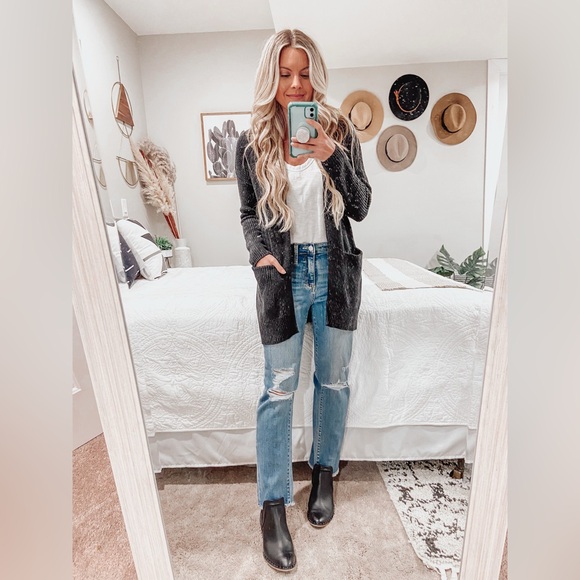 Cozy Ribbed Knit Dark Gray Long Cardigan - Picture 2 of 9